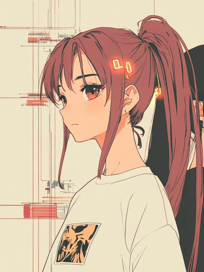 AISU portrait in profile, crimson ponytail and glowing 0-1 clips
